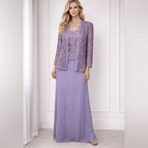 Alex Evening 3-piece Gown Set Purple Jkt/tank Size M And Skirt Size S Sequins